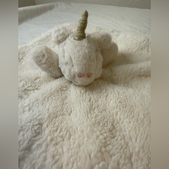 Mud Pie Lovey Unicorn Gold Horn Off White Fur Plush Pink Under Security Blanket - Picture 1 of 12